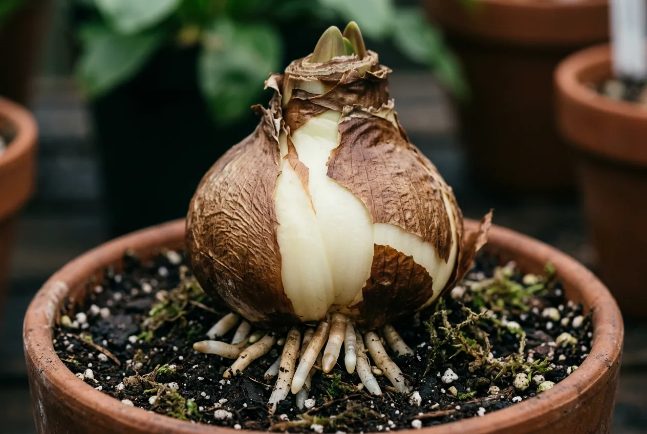 Amaryllis bulb showing papery skin and white fleshy interior - bulb is most toxic part