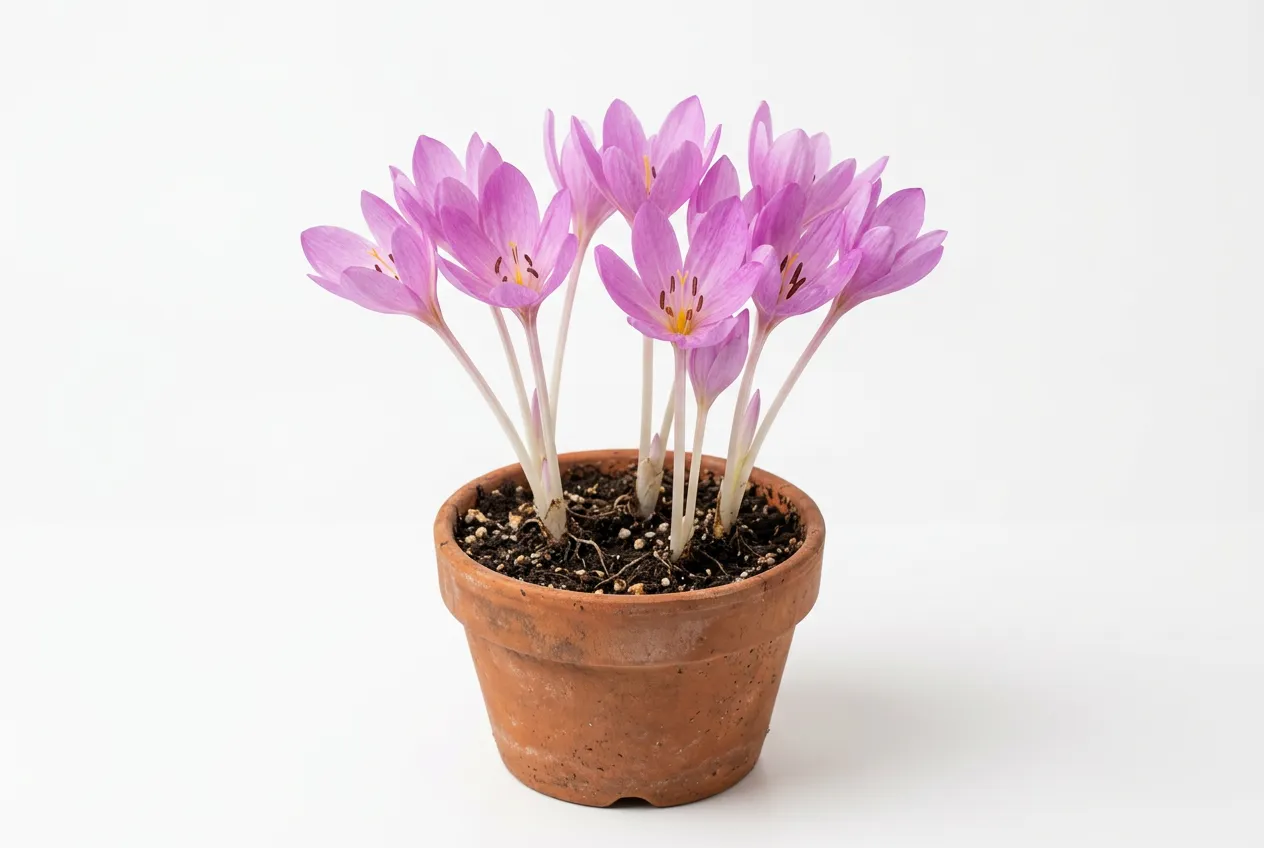 Autumn crocus in terracotta pot with pink-purple cup-shaped flowers on pale stems