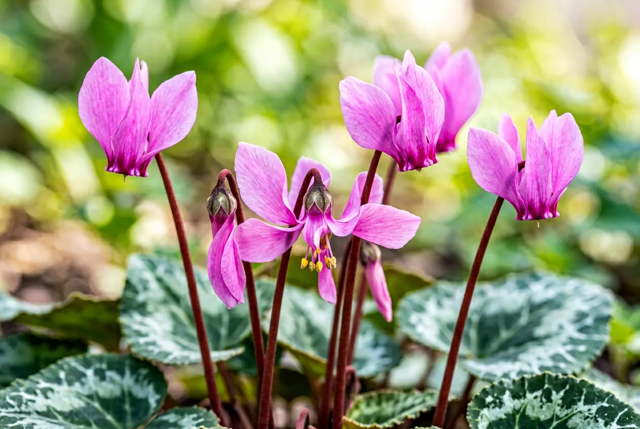 Cyclamen swept-back pink flowers nodding on slender reddish stems