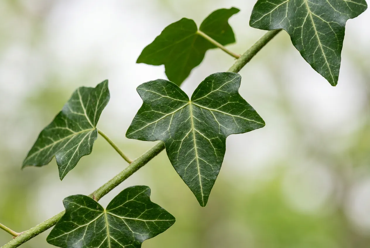 English ivy three to five pointed lobed leaves with pale veining on stem