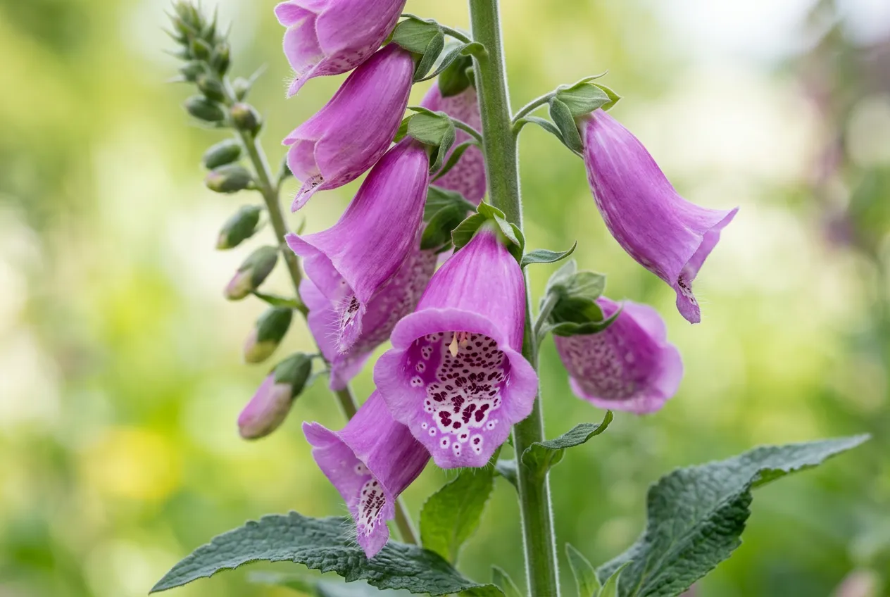 Foxglove tubular flowers hanging from stalk showing spotted interior pattern