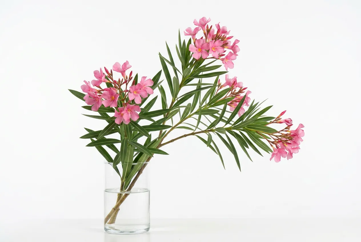 Oleander branch with pink flower clusters and dark green leaves in glass vase