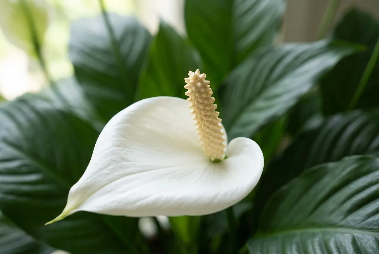 Peace lily white spathe flower surrounding cream-colored spadix