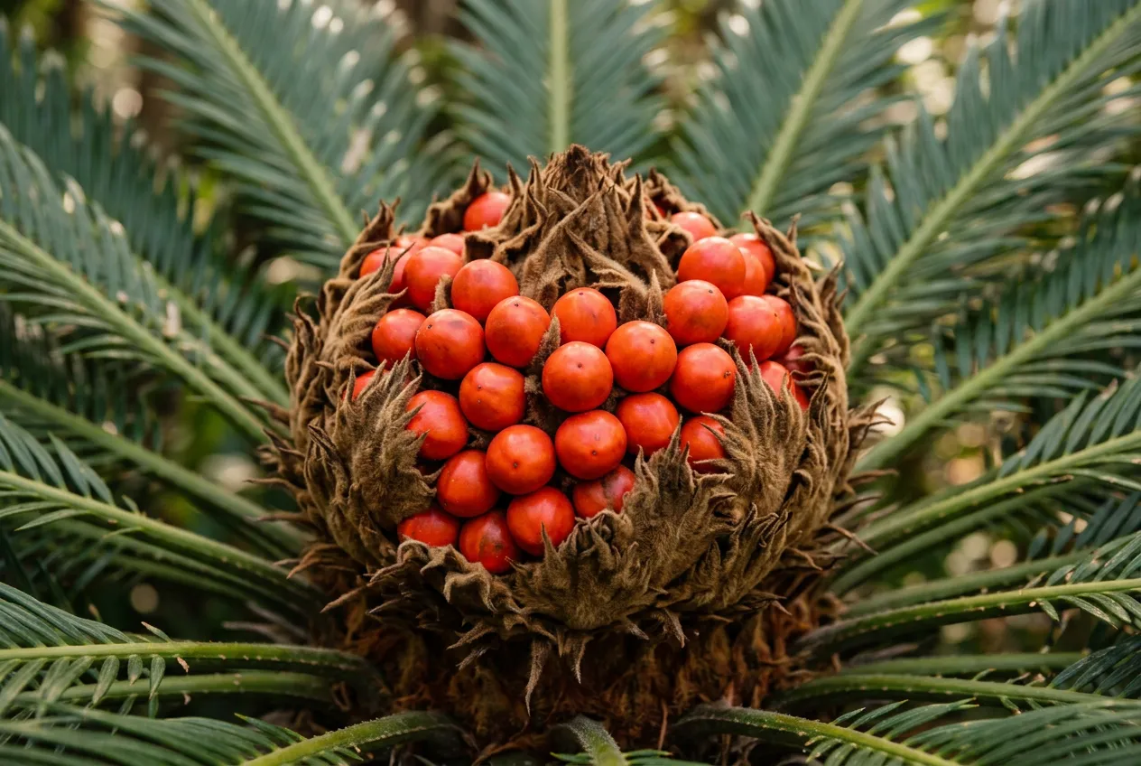 Sago palm bright red-orange seeds in cone structure - seeds are the most toxic part