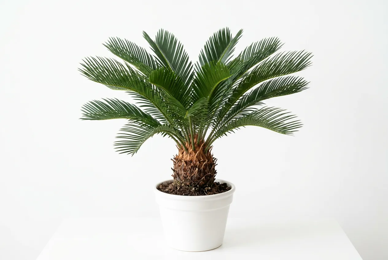 Sago palm in white pot showing stiff dark green fronds and rough trunk - all parts toxic to pets