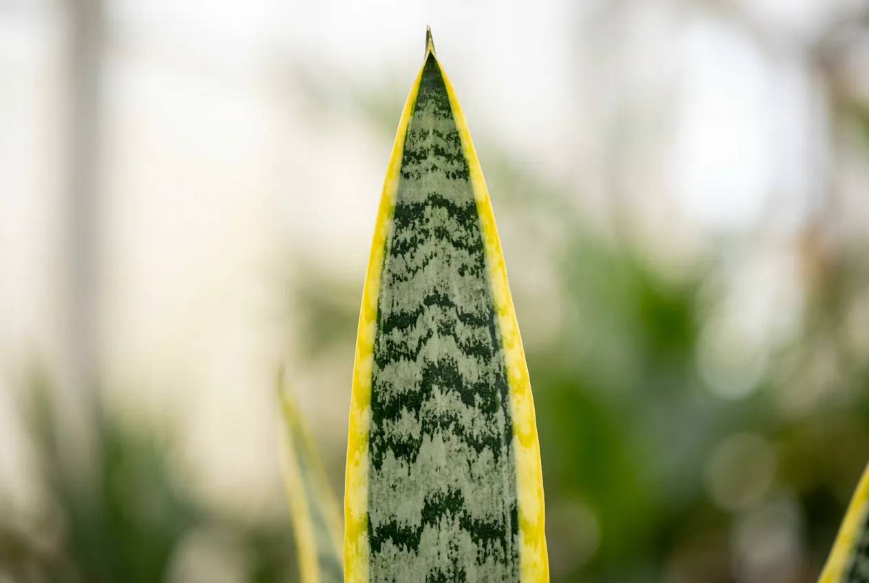 Snake plant leaf tip showing dark and light green horizontal banding with yellow edge