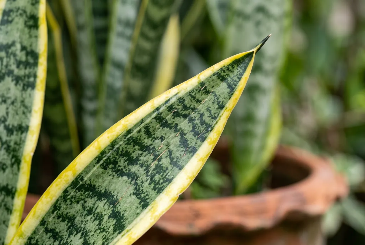 Snake plant leaf detail showing distinctive wavy horizontal green bands and sharp pointed tip