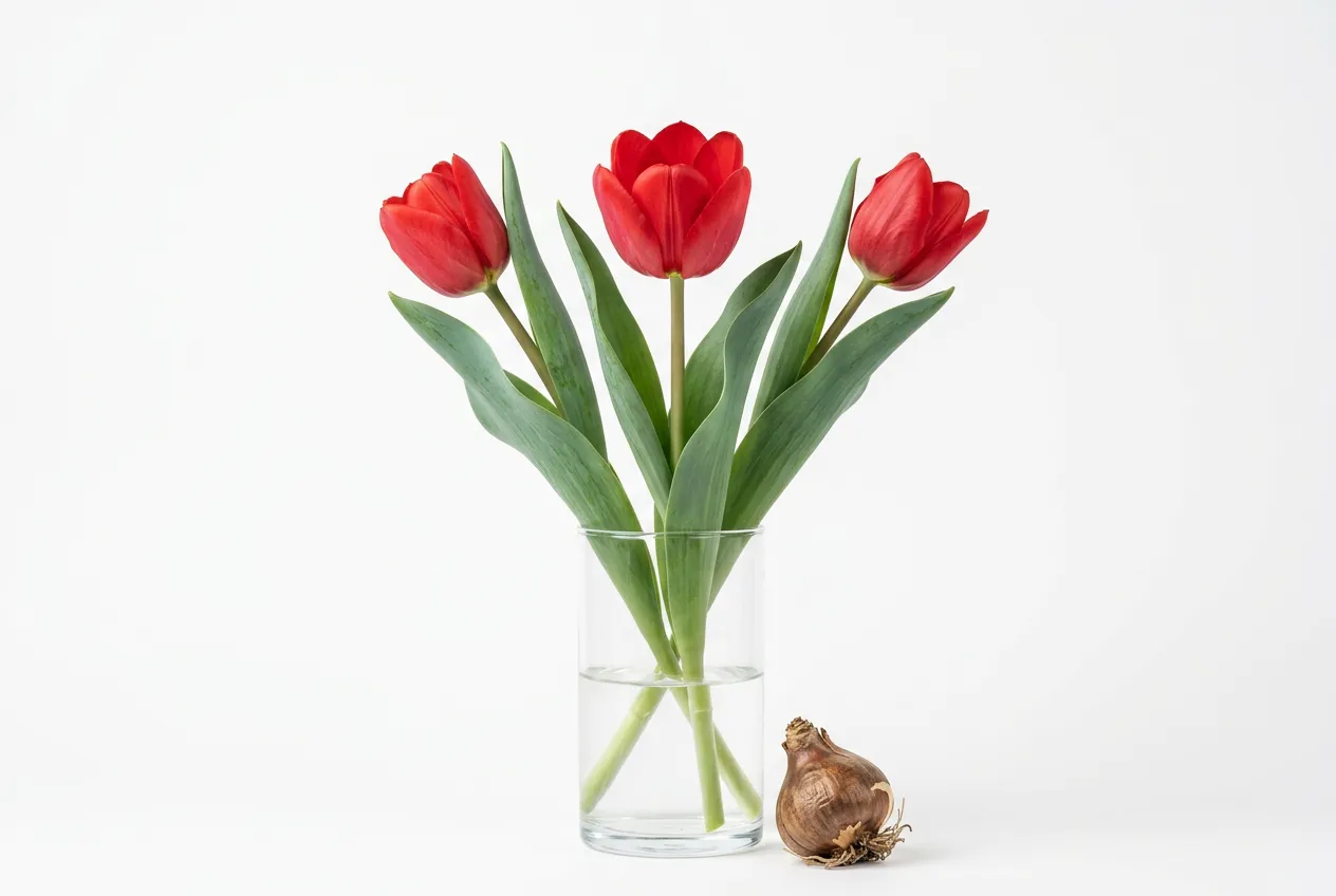 Red tulips in glass vase with brown papery bulb beside it - bulbs are most toxic