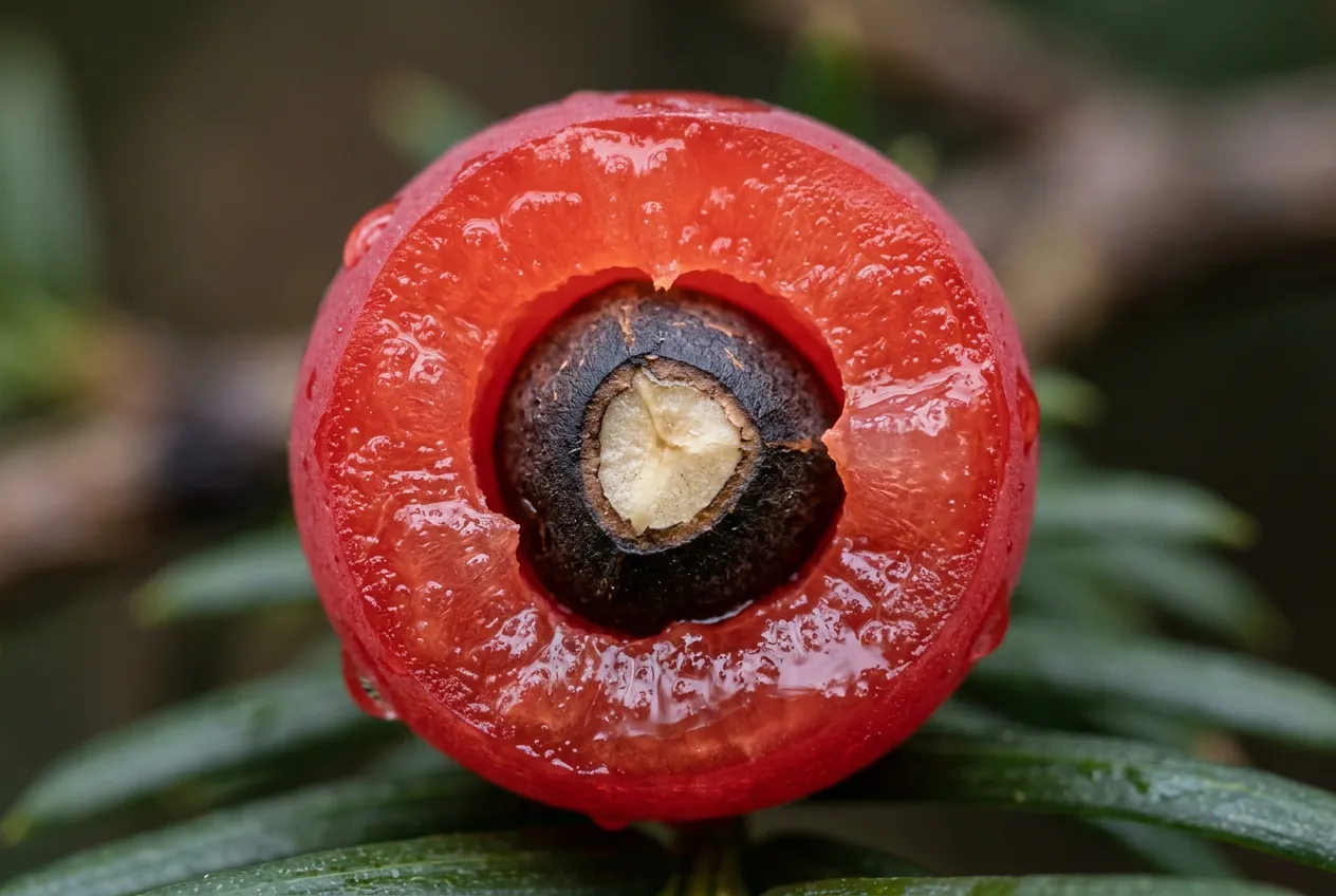 Yew berry cut in half showing bright red flesh surrounding dark toxic seed
