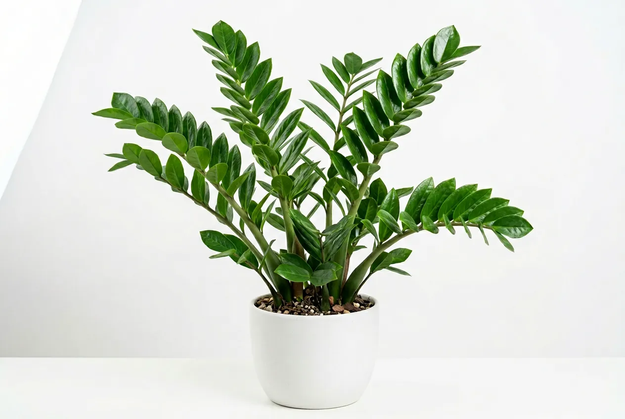 ZZ plant in white pot with upright stems of shiny dark green oval leaflets